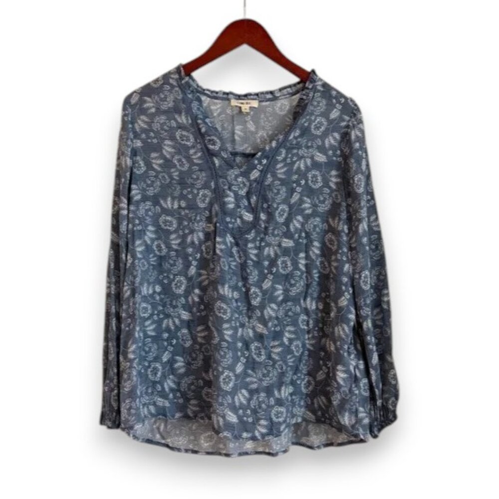 4/$13 Como Blu - Blue Floral V-Neck Lightweight Peasant Blouse